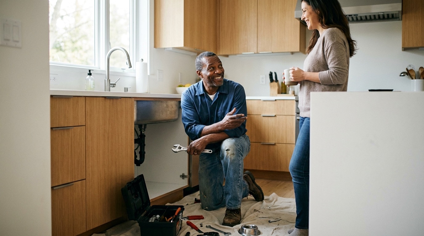 Plumber talking with a homeowner during a repair