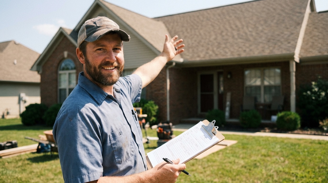 Roofing contractor inspecting a home