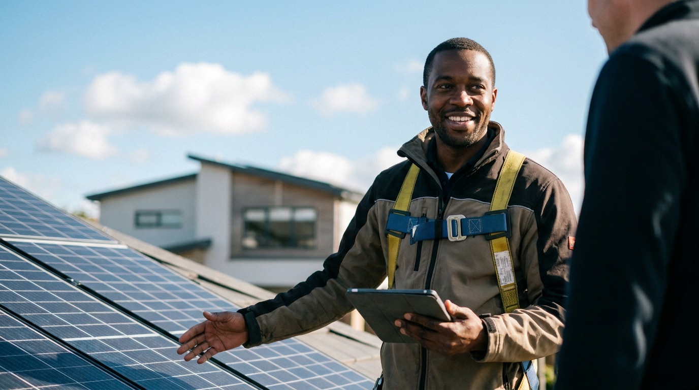 Solar consultant beside rooftop panels